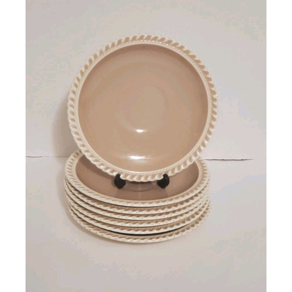 Harkerware Chesterton Beige Tan Saucer Plates Dessert Snack 7 Pc Plate Set Vtg
